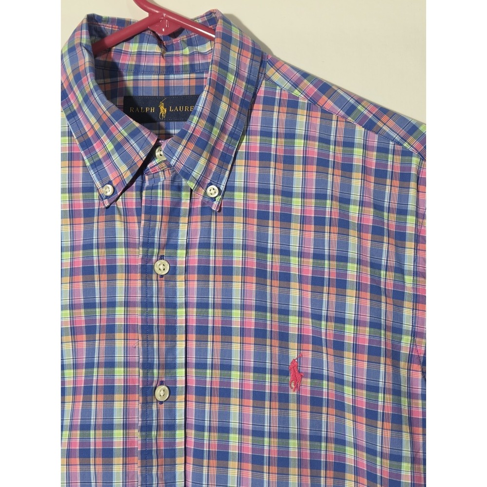Ralph Lauren Mens Blue Pink Green Madras Plaid Button Down Shirt Sz MD Pony Logo